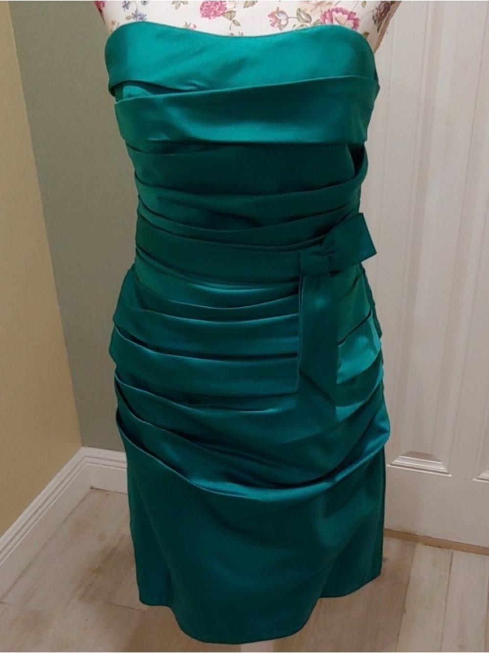 Alfred Angelo Strapless Teal Satin Ruched Cocktail Dress w/ Side Bow SMALL (4/6)